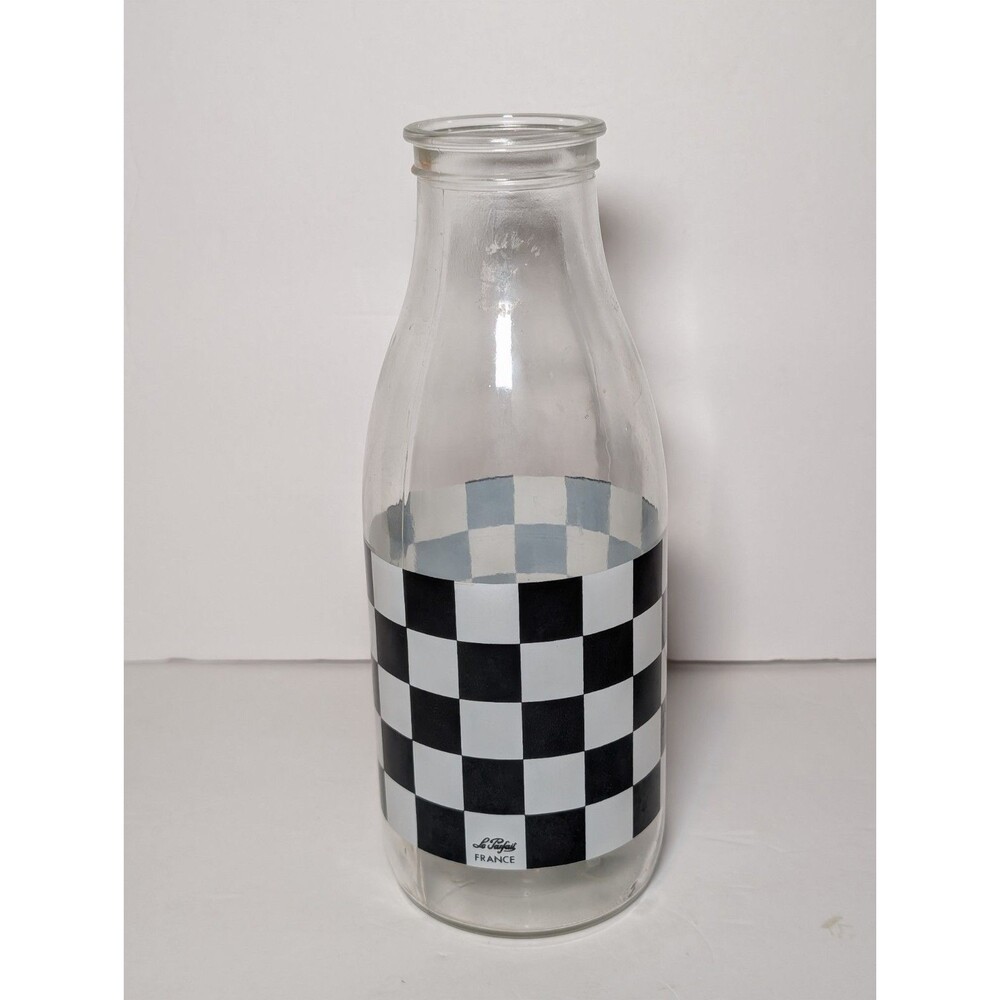 Vintage Le Parfait France Milk Glass Jar Farmhouse Black White Check Bottle
